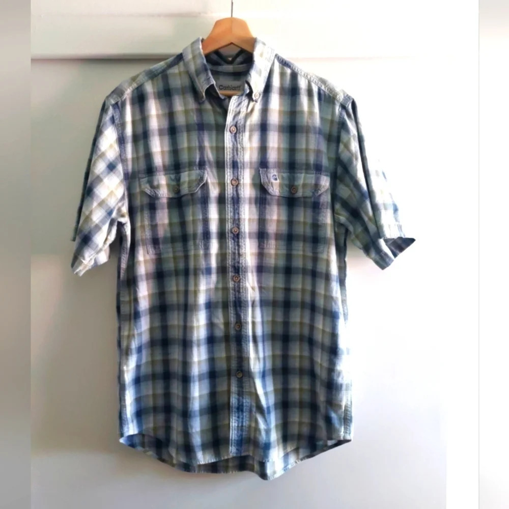 Carharrt Mens Classic Casual gray blue Plaid Button Down shirt Medium